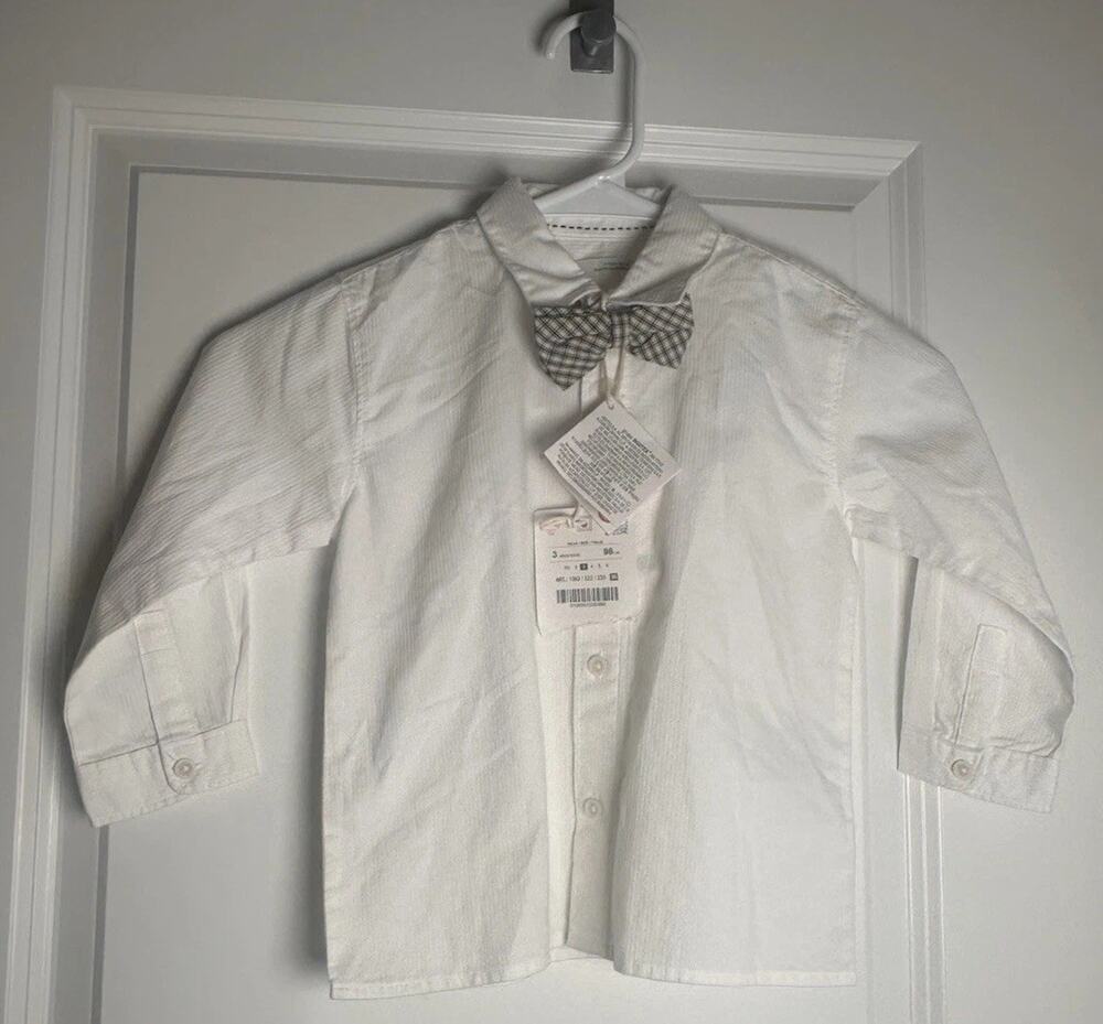 NEW White Cotton Shirt with Black and Beige Plaid Bow Tie for A 3 Year Old Boy